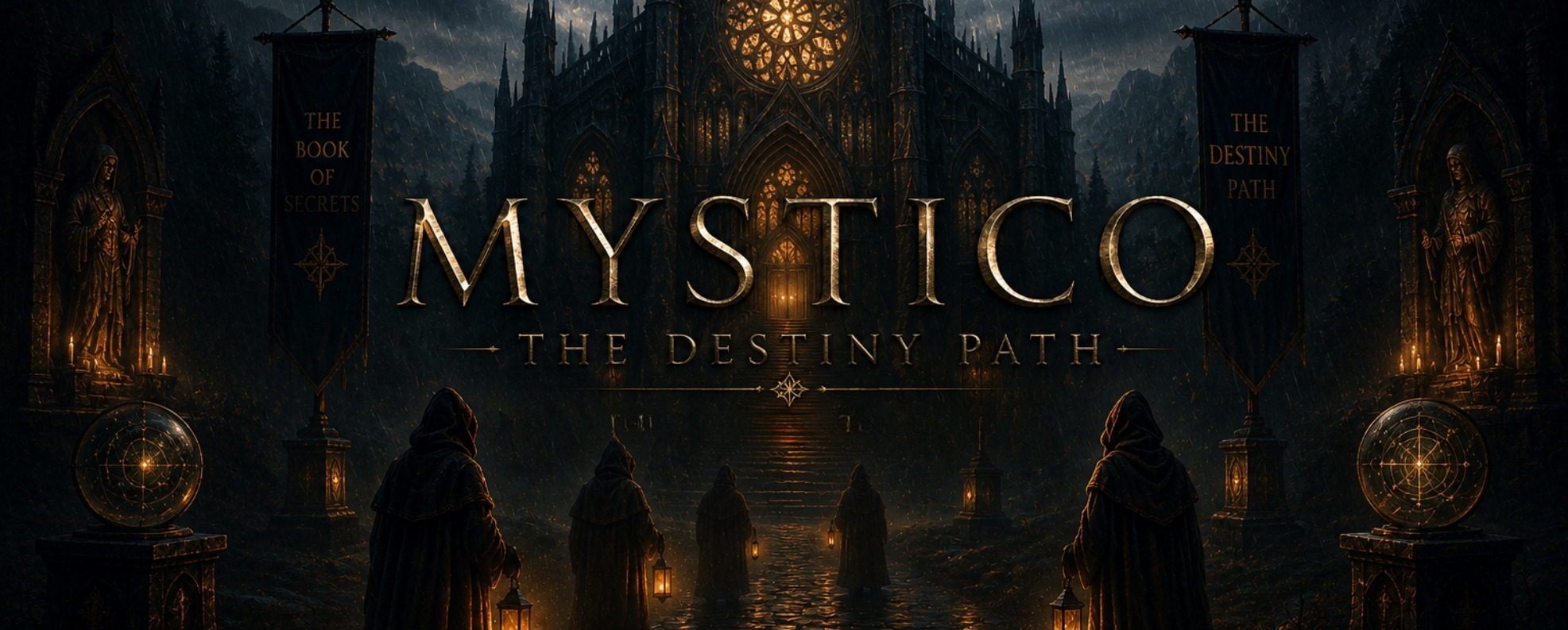 Cloaked guardians of MYSTICO walking The Destiny Path toward the cathedral